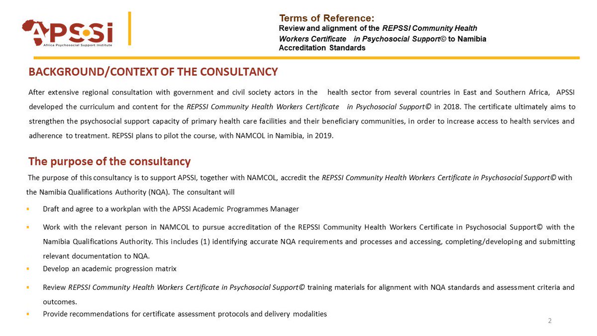 APSSInstitute's tweet photo. CONSULTANCY OPPORTUNITY: to support #APSSI &amp; @Namcol_Namibia accredit the @REPSSI Community Health Workers Certificate in #PSS. The certificate aims to strengthen the PSS capacity of primary healthcare facilities &amp; communities to increase access to health services. 

READ BELOW: https://t.co/vEXbWL8RyZ