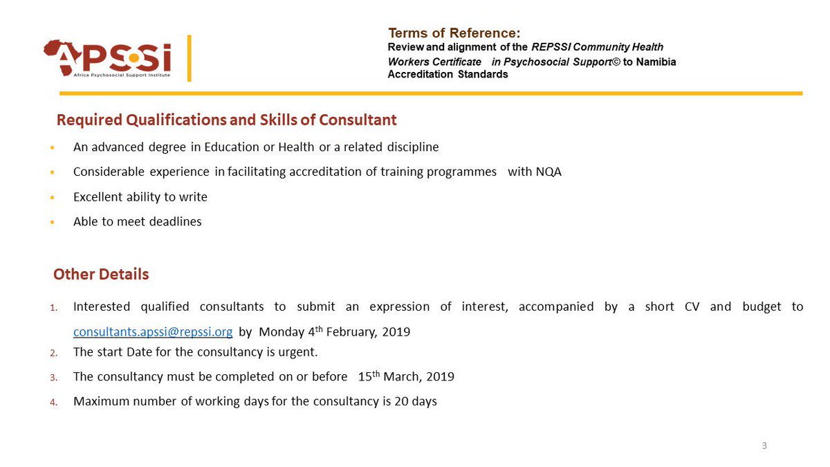 APSSInstitute's tweet photo. CONSULTANCY OPPORTUNITY: to support #APSSI &amp; @Namcol_Namibia accredit the @REPSSI Community Health Workers Certificate in #PSS. The certificate aims to strengthen the PSS capacity of primary healthcare facilities &amp; communities to increase access to health services. 

READ BELOW: https://t.co/vEXbWL8RyZ