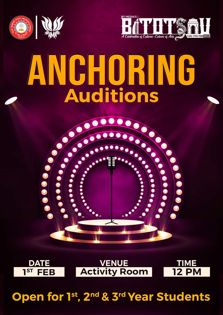 Bitotsav's tweet photo. If you are among those who can keep the crowd entertained with some fancy phrases, humour & wit then get ready as we come with a chance to help you steal the spotlight. Show up for the anchoring auditions on the 1st of February at the Activity Room.
#bitotsav_19
#colours_of_asia https://t.co/08FSJo7qWC