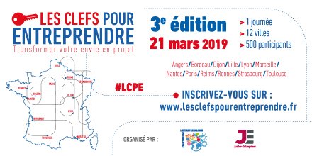 LesClefsPourEnt's tweet photo. Ravis de vous retrouver pour la 3e édition #LCPE jeudi 21 mars 2019 dans 12 villes de France : #Angers/#Bordeaux/#Dijon/#Lille/#Lyon/#Marseille/#Nantes/#Paris/#Reims/#Rennes/#Strasbourg/#Toulouse Plus d'infos rapidement ! @cnje @EspritEntrepris https://t.co/YhPYmEYjns