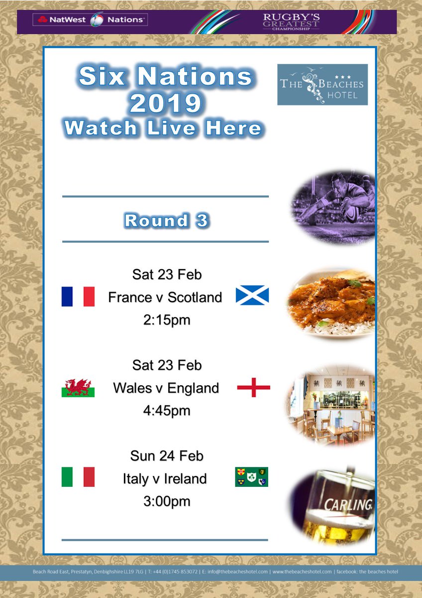 Come and join us at The <a href="/BeachesHotel/">The Beaches Hotel</a> for the <a href="/SixNationsRugby/">Guinness Men's Six Nations</a> 
Special offers available on food &amp; drink during matches :)