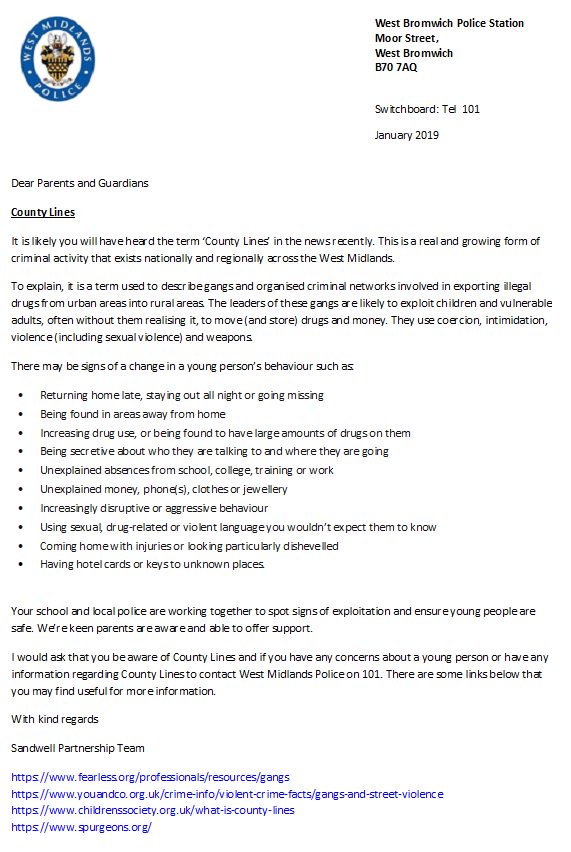 Please find below an important letter from West Midlands Police regarding the recent "County Lines" term you may have heard in the news recently.