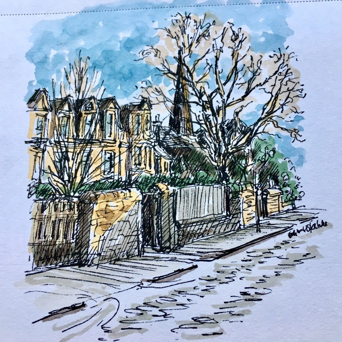 edinsketcher's tweet image. A stunning frosty sunshine of a day that #Edinburgh does so well ❤️ 
I’m trying to capture a little of the bright sandstone on these southside houses. Great contrast with the shadows. I could draw here all day :)
 #edinburghbloggers #ThisisEdinburgh #usk #urbansketchers #art