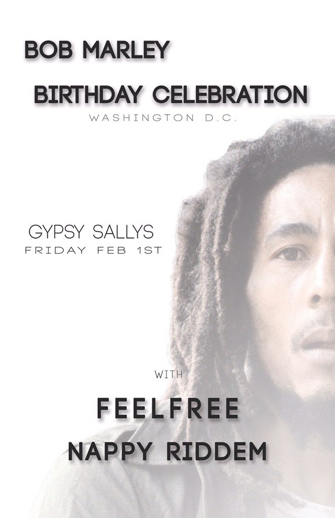 DC music!
#bobmarley celebration w/ <a href="/FeelFreeMusic/">FeelFree</a> <a href="/NappyRiddem/">Nappy Riddem</a> <a href="/GypsySallys/">Gypsy Sally's</a> get tic ASAP!
ticketf.ly/2GTBv6s
