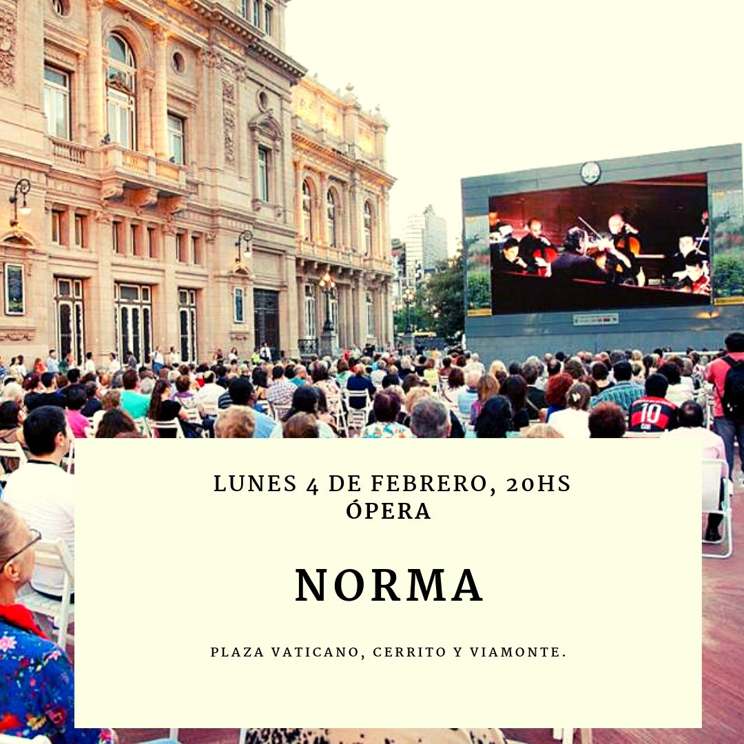#Hoy 4 de febrero, a las 20hs, no te pierdas la gran apertura del #VFestivalDeMúsica en Plaza Vaticano, al lado del <a href="/TeatroColon/">Teatro Colón</a>, con la proyección de la #ópera Norma. ¡La entrada es libre y gratuita! <a href="/eavogadro/">Quique Avogadro</a> <a href="/famedinaflores/">Fabian Medina Flores</a>