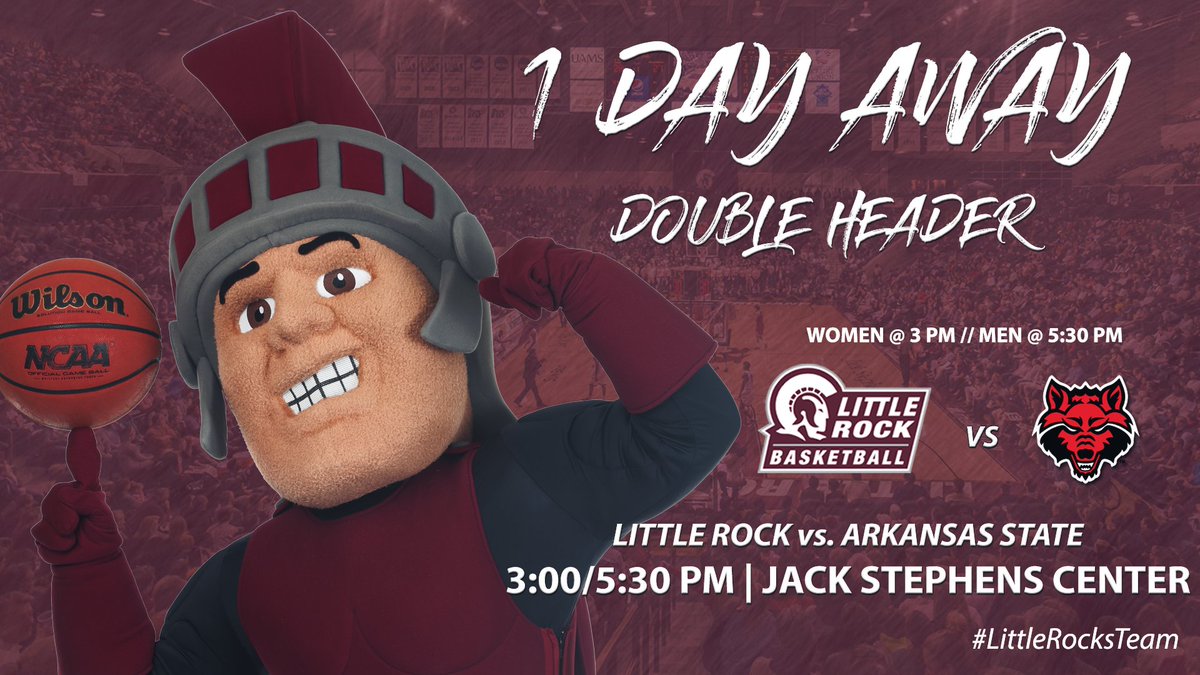 MaximusLR's tweet image. 🚨 TROJAN FANS! 🚨

The @LRTrojans doubleheader against in-state rival Arkansas State is just ONE DAY AWAY!

@LittleRockWBB at 3 p.m.
@LittleRockMBB at 5:30 p.m.

We'll see you all at the Jack Stephens Center tomorrow!

TIX 🎟️: bit.ly/2RXieGf

#LittleRocksTeam