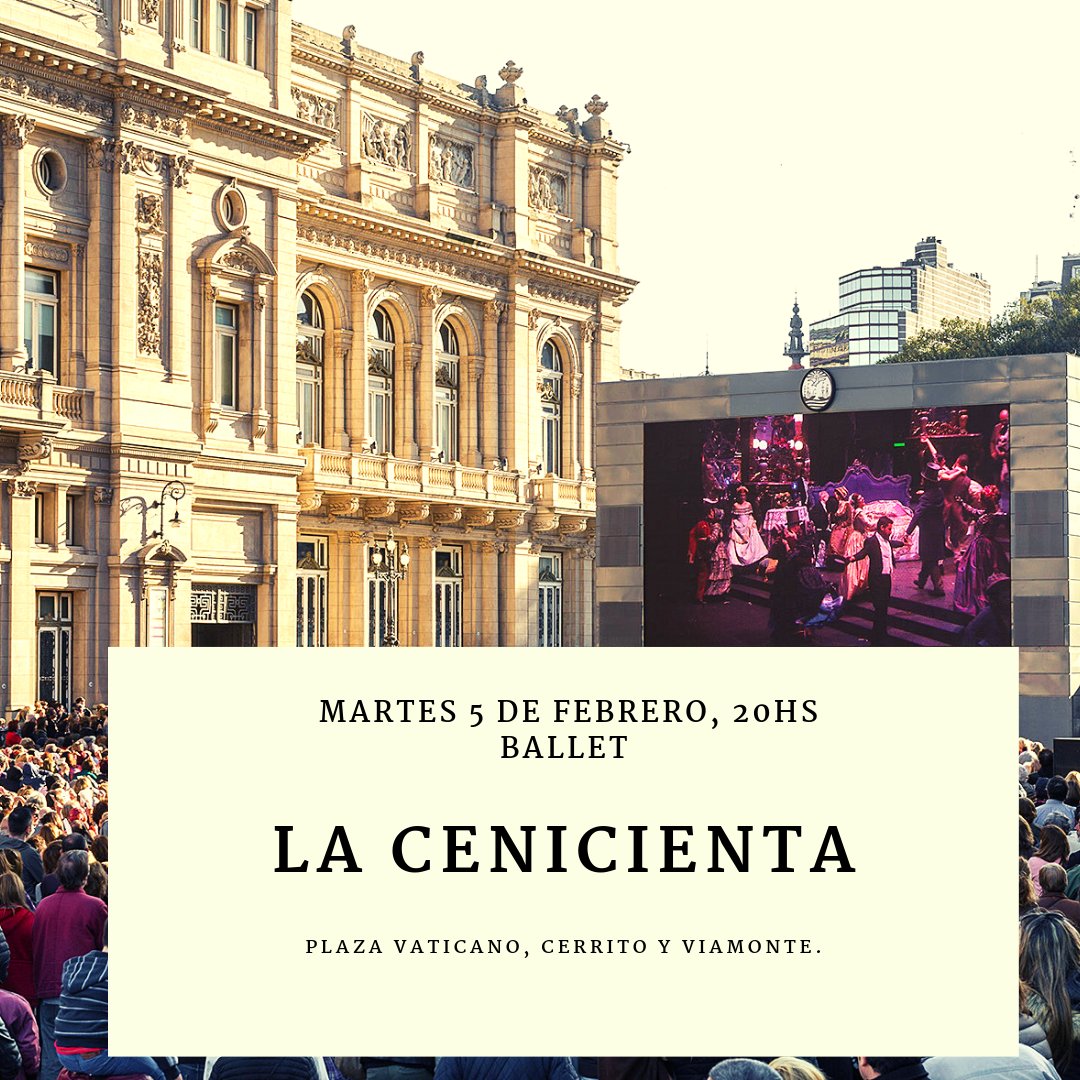 #Hoy 5 de febrero, a las 20hs, sigue el #VFestivalDeMúsica en Plaza Vaticano, al lado del <a href="/TeatroColon/">Teatro Colón</a>, con la proyección del #ballet La Cenicienta. ¡La entrada es libre y gratuita! @DisfrutemosBA <a href="/FestivalesGCBA/">Festivales de la Ciudad de Buenos Aires</a>
