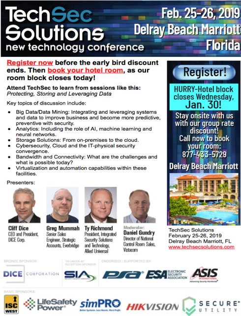 SSN_Brad's tweet photo. Early Bird rate ends Tomorrow! Special Room Block Rate ends TODAY!!
@TechSec2019
@SSN_Editor @SSN_Ginger @DICECorp @cliffdice @Everbridge @AlliedUniversal @vistacom_inc
Register: https://t.co/AKyjS1wnMg
#techsec2019 https://t.co/APmoQgltci