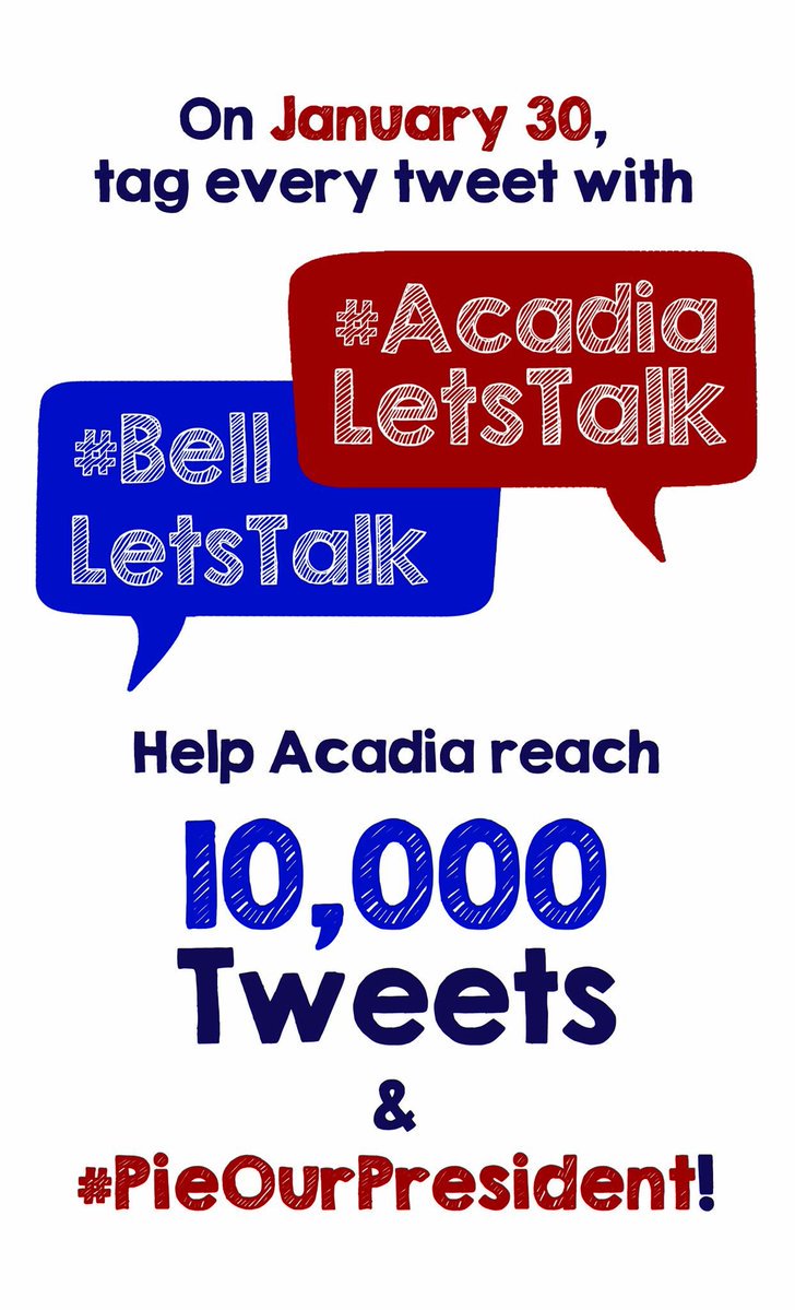 acadia_alumni's tweet photo. It's #BellLetsTalk day and @AcadiaU's President, Dr. Ricketts, has challenged the Acadia community to get 10,000 tweets using the hashtag #AcadiaLetsTalk. If we reach our goal, we can #PieOurPresident in support of mental health. Join the conversation! https://t.co/1kVlwZz7It