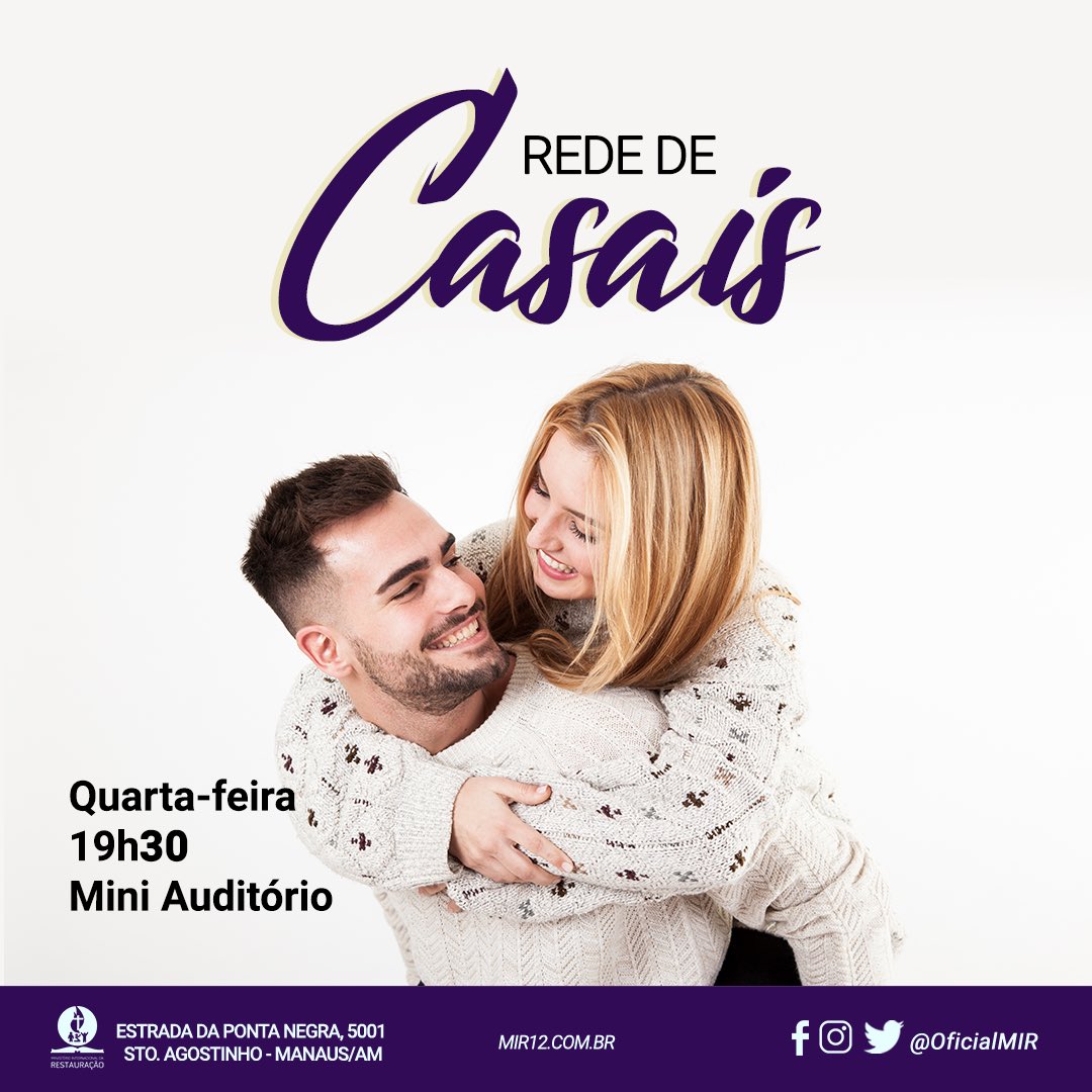 Quarta-feira é dia da Rede de Casais. A Rede é uma oportunidade pra você e seu cônjuge serem ministrados por Deus, tratados no relacionamento conjugal e aprendendo a, cada dia, edificar a família na Rocha
Aguardamos vocês 💕💑
⏰ Início: 19h30
📍Mini auditório do <a href="/oficialmir/">MIR Oficial</a>