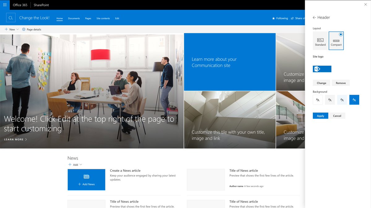 expiscornovus's tweet photo. The header options in the new change the look panel in action. I have set the style to compact and also have set the background color. That looks pretty nice! #Office365 #SharePoint #Changethelook #FeatureID #43781 https://t.co/KLz4dUt4b5