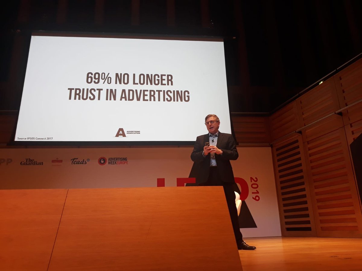keithweed's tweet photo. Without trust, advertising has no future - and a brand without trust is a product. We must tackle this together as an industry to deliver system change for a sustainable future. It's time for action! @ad_association #LEAD2019 https://t.co/X9MWJKILSR