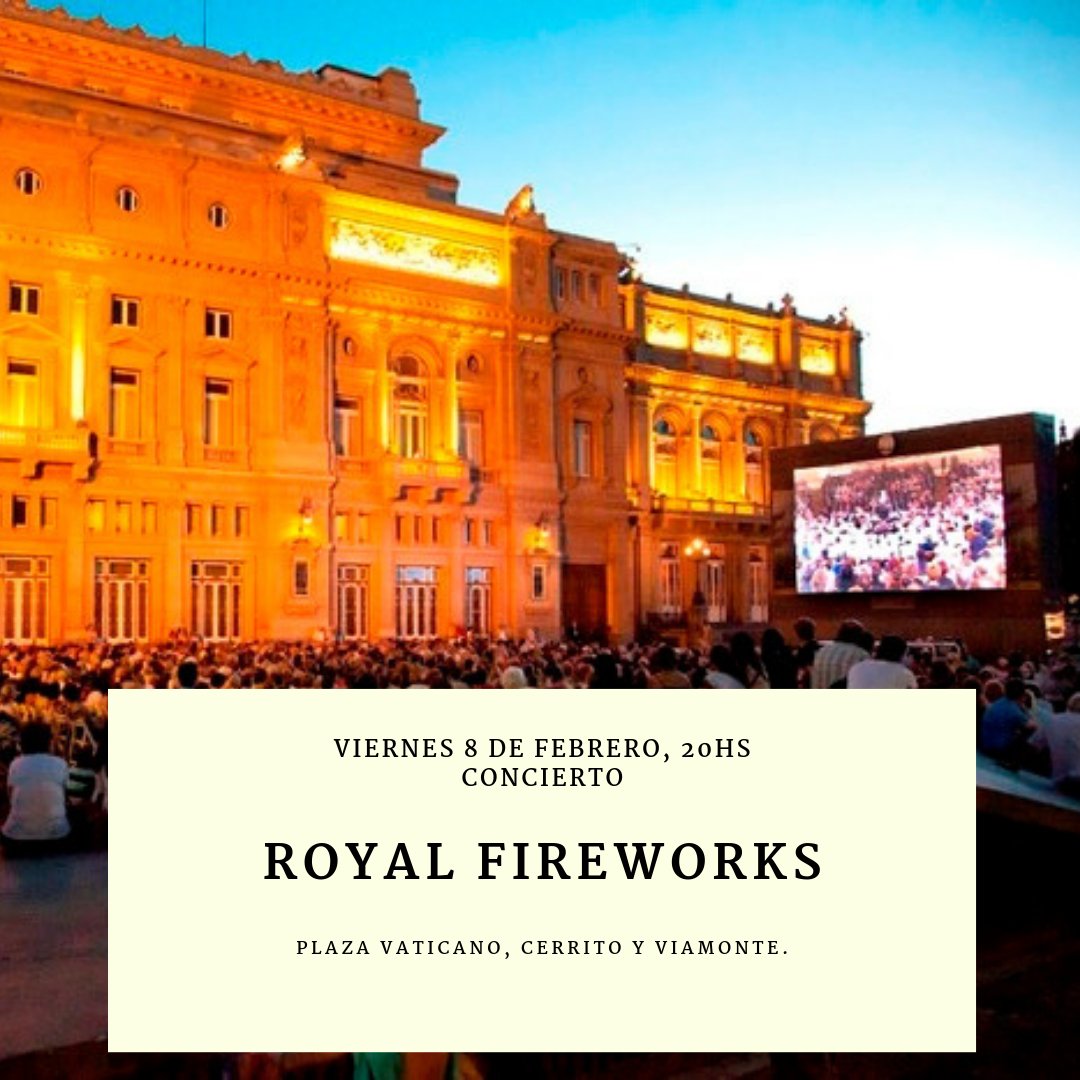 #Hoy 8 de febrero, a las 20hs, DOBLE FUNCIÓN en el #VFestivalDeMúsica en Plaza Vaticano, al lado del <a href="/TeatroColon/">Teatro Colón</a>. Disfrutá la proyección del #concierto Royal Fireworks. ¡La entrada es libre y gratuita! @DisfrutemosBA <a href="/FestivalesGCBA/">Festivales de la Ciudad de Buenos Aires</a>
