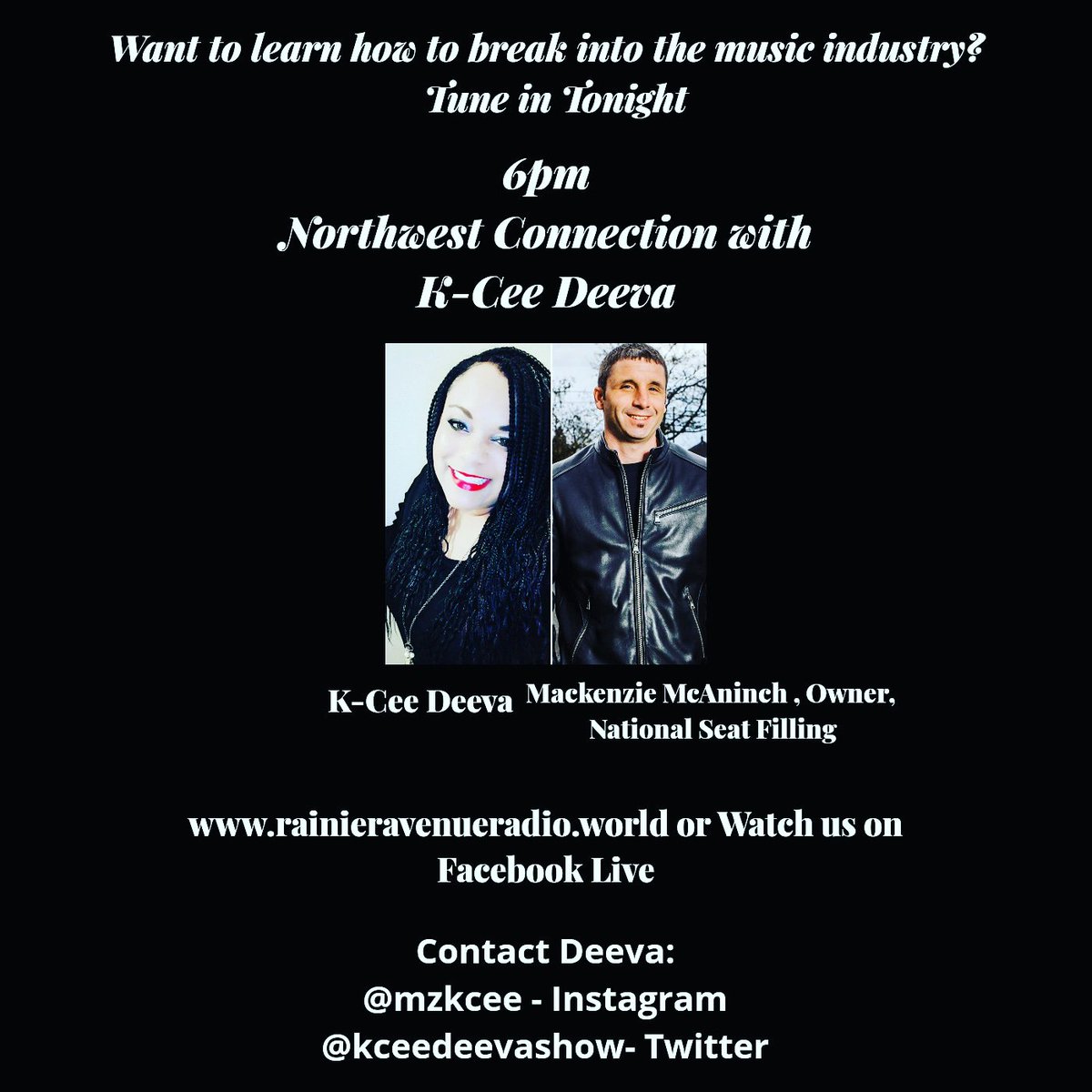 KCeeDeevaShow's tweet image. Want to break into the music biz?  Join me tonight at 6pm LIVE for my show "Northwest Connection with K-Cee Deeva". My guest is Mackenzie McAninch, founder and owner of National Seat Filling. Watch us on Facebook live or @RainierAveRadio
@AceeSoul