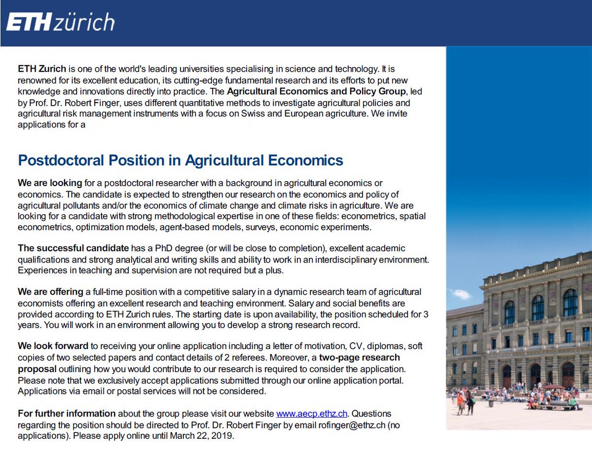 RobertFinger1's tweet photo. We are hiring! #PostDoc Position at the Agricultural Economics and Policy Group @aecp_eth of ETH Zürich @ETH_en. cc: @AAEA_Economics @AgEconSoc @EAAE2017 @EAERE_envecon. Apply online https://t.co/ZcseAkJ8QR https://t.co/HgRbxTu23i