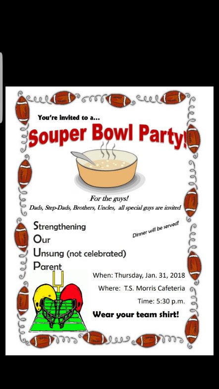Guys, Come out and support us at our annual SOUPER BOWL PARTY Thursday, January 31at 5:30pm in the school's cafeteria.

#MPSMovingForward