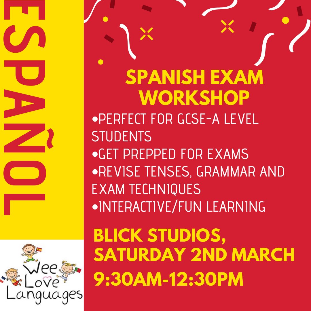 NILanguages's tweet photo. ⭐️NEW WORKSHOP⭐️
Suitable for Spanish GCSE, AS or A Level Students! Our workshop will help with grammar, tenses, essential phrases and exam techniques. Send us a message now to find out more and to book 🥰🌏 #spanishexams #belfast #spanishworkshop #nilanguages #booknow #spanish https://t.co/v0LOVEnx9W
