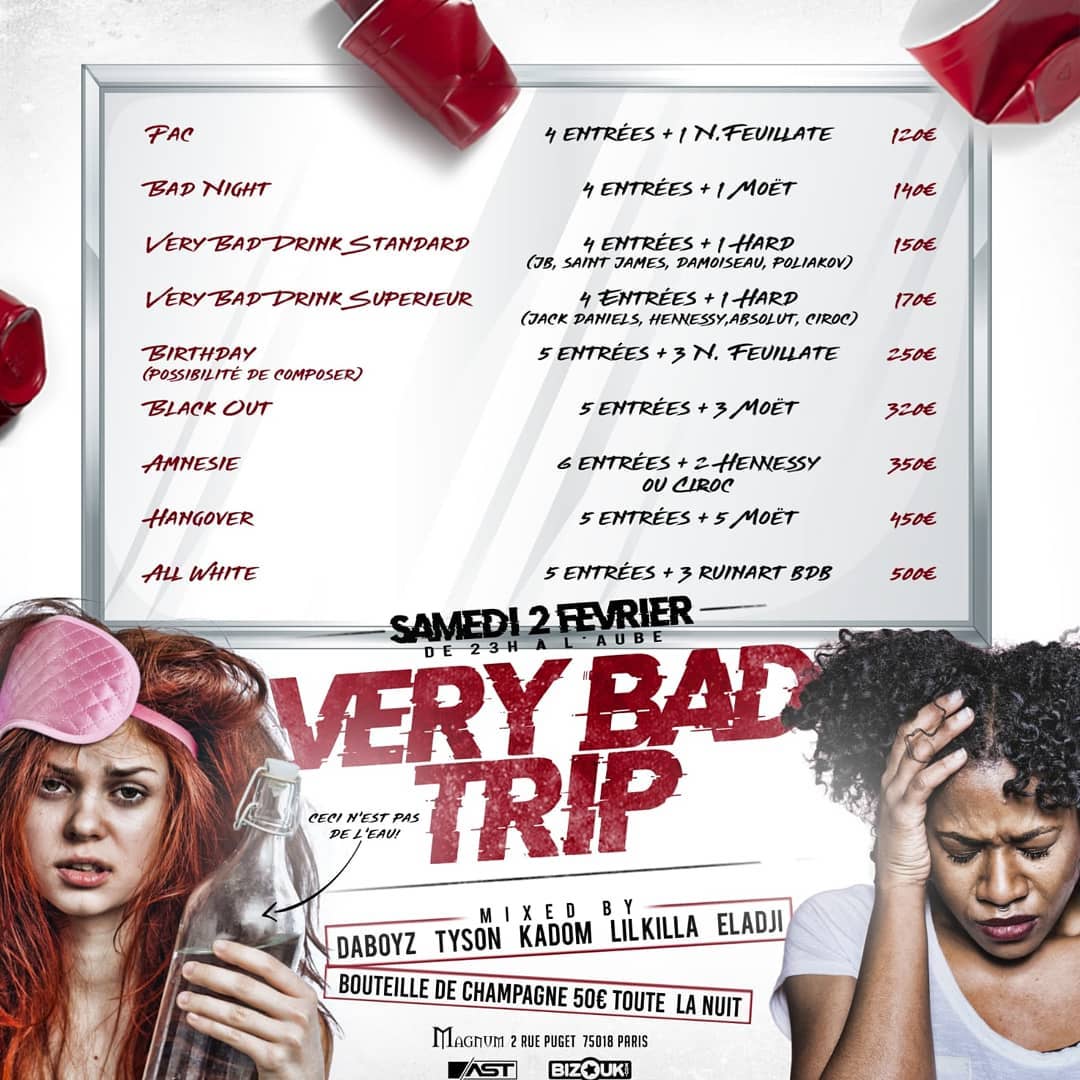 MagnumClub_Off's tweet photo. Very Bad Trip ou plutôt Very Bad drink ce samedi au @MagnumClub_Off 
OPEN BULLES jusqu'à 00h30!
La meilleure soirée de février ! Champagne à 50€ 🥂 🍾 
Soyez prêts, plein de surprises vous attendent...
⚠  Spécial Line-up : Daboyz,Lil Killa,Eladji, Tyson,Kadom ⚠ https://t.co/1VikgFmgwA