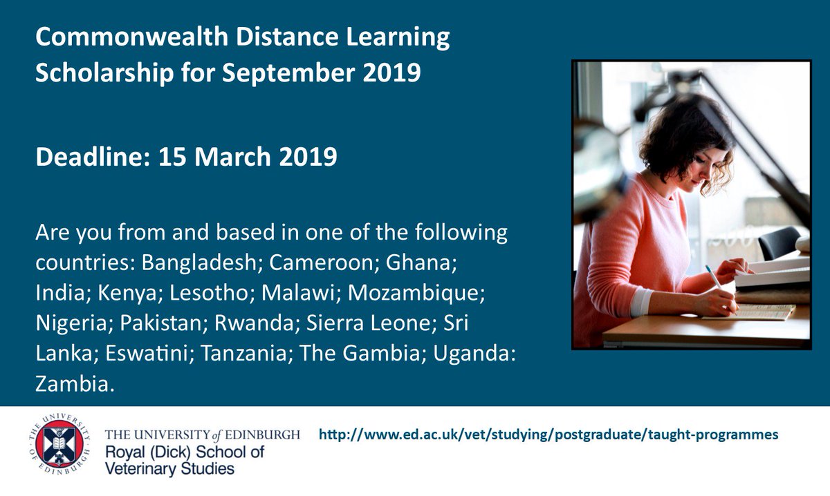 Apply now! Commonwealth Distance Learning Scholarship. Programme fees covered for 3yrs. Applicants eligible – wide range of countries.  Deadline 15 March 2019. #masters #ConservationMedicine ed.ac.uk/vet/studying/p…