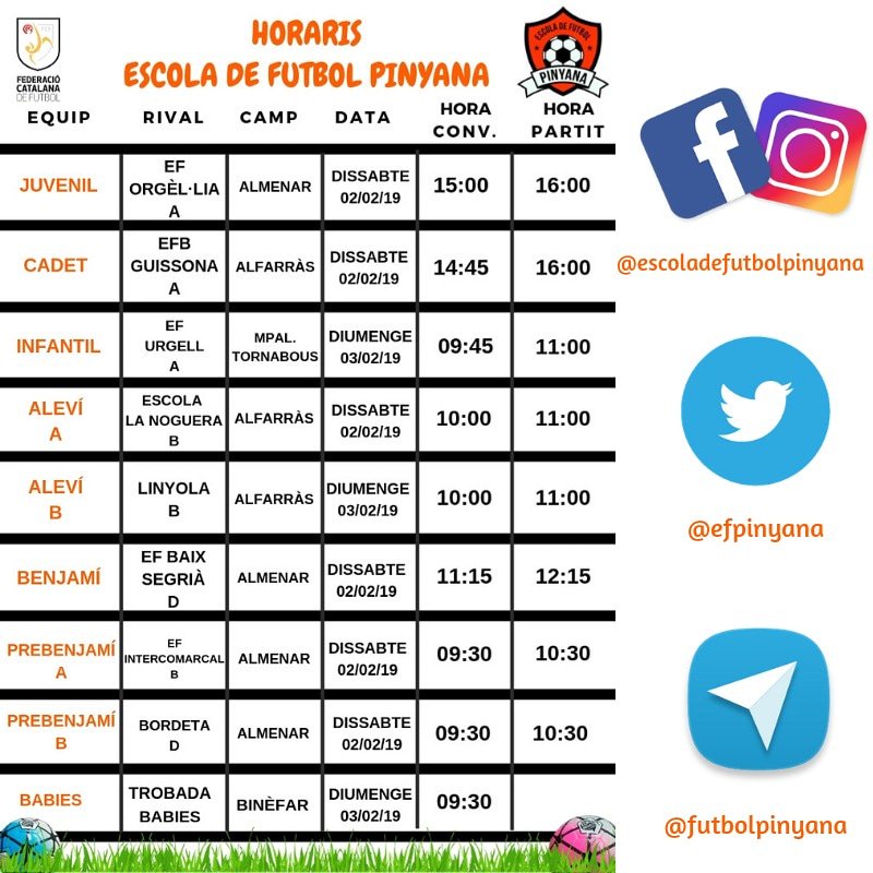 efpinyana's tweet photo. 📅 Horaris dels equips per aquest cap de setmana 02-03/02/19!
Aquest cap de setmana tenim 4 partits a Almenar i 3 a Alfarràs!
Cap de setmana ple de futbol als pobles! 👏
Amunt Pinyana! ⚽️💪🖤🧡
#Escola #Futbol #Pinyana #Almenar #Alfarràs #Lleida #FCF #FutbolBase #Lliga #futbolcat https://t.co/SeuAkt6eYx