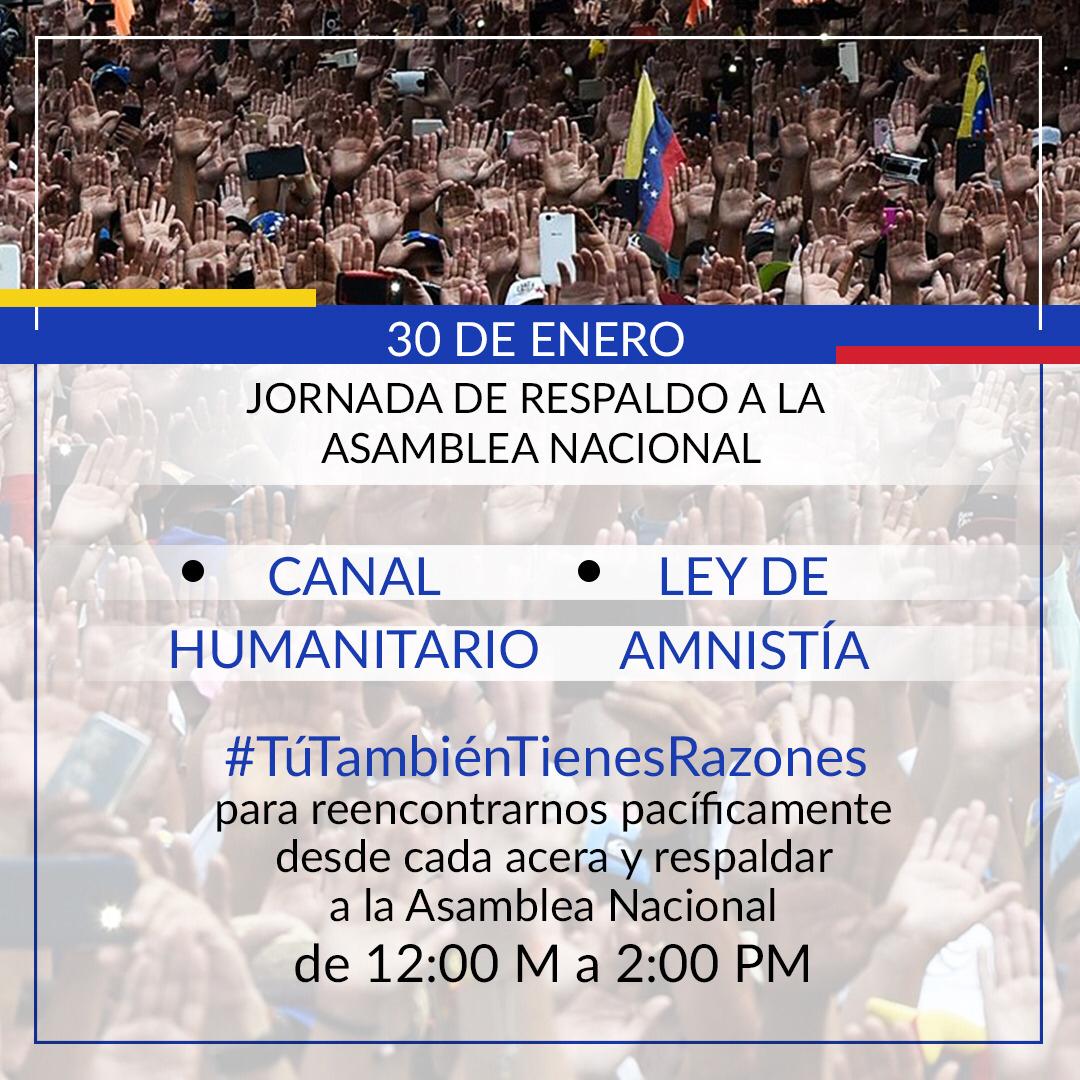jguaido's tweet image. 1/2
El #23Ene Venezuela entera se juramentó. Este #30Ene los venezolanos nos reencontraremos en las calles de manera pacífica para respaldar a nuestra @AsambleaVE,