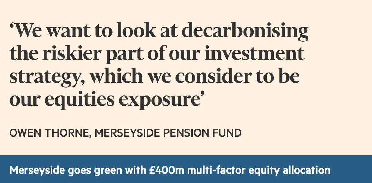 Merseyside goes green with £400m multi-factor equity allocation bit.ly/2sQjk7P <a href="/sackerspensions/">Sackers</a> <a href="/FaizahMalik2019/">Faizah Malik</a> <a href="/kshackleton1/">Karen Shackleton</a> <a href="/BrunelPP/">Brunel Pension Partnership Limited</a>