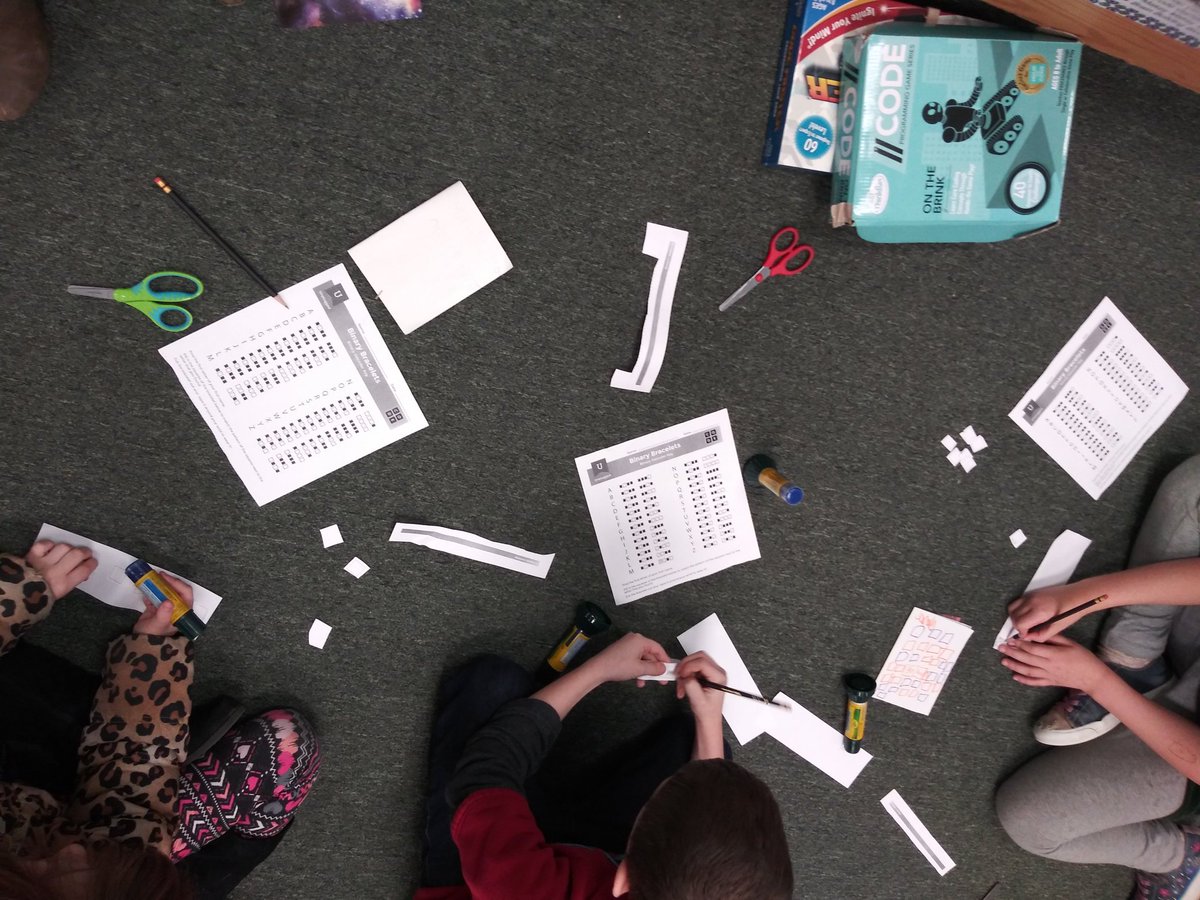 TeachDonnelly's tweet photo. We love coding but sometimes we ask for a break from computers. Students using binary code for BFF bracelets and other games π» #LRESlib #HourOfCode https://t.co/xzQ4CCsePW