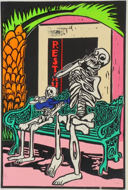 “Oaxaca Serenade” by NOA Artist, Chris Gilbert

This print represents a typical Mexican theme combining humour and death and is one ...
#nationalopenart #chrisgilbert #OaxacaSerenade #mexican #humouranddeath #woodcutprint #printaward #etching #printmaker #printisnotdead #abislade