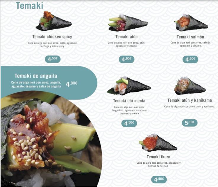 Makitakesushi's tweet photo. #FelizMiércoles con nuestra carta de #temakis. Estos conos tan típicos de la #gastronomía japonesa mezclan los sabores del #pollo, el #atún, el #salmón o la #anguila con el #alga nori #MakitakeTime https://t.co/uKtwOsOv8b