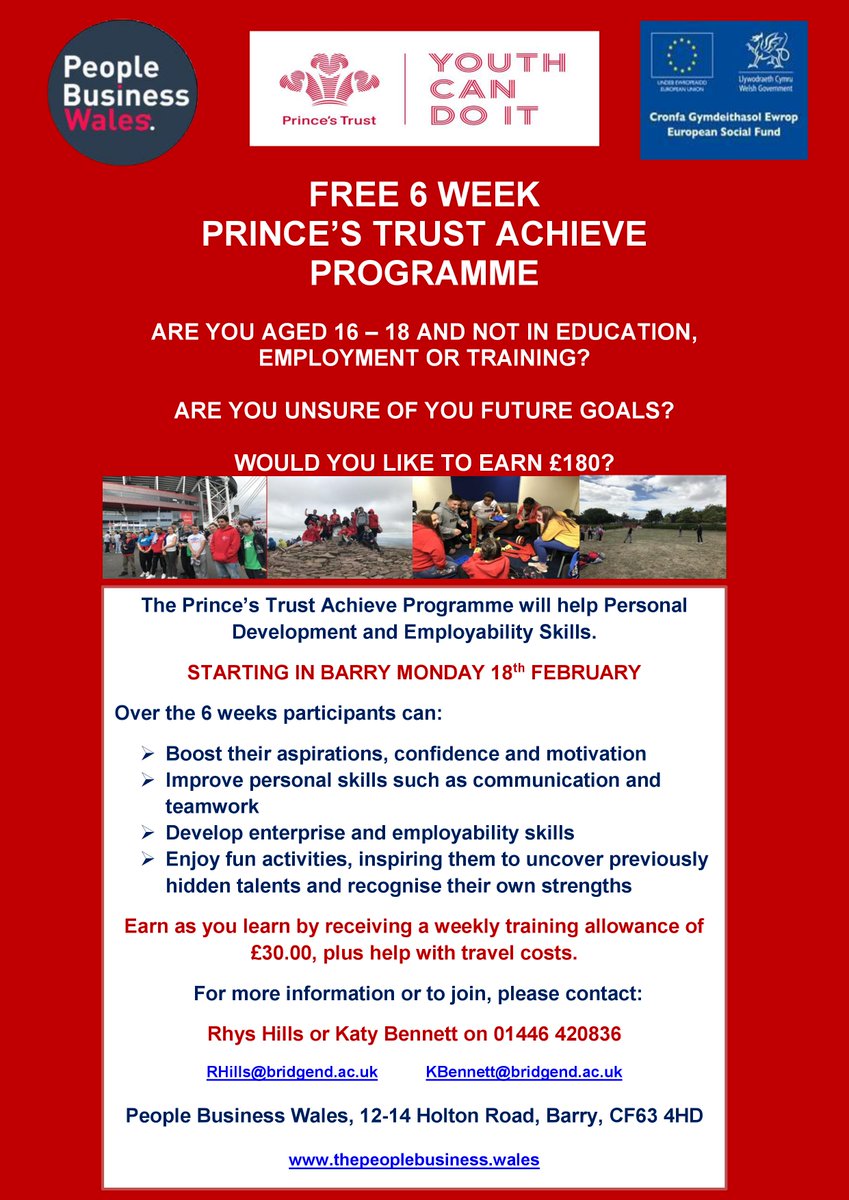 PB_Wales's tweet photo. We are recruiting for our Prince's Trust Achieve Programme starting on Monday 18th February 2019 @PrincesTrustWal @CW_Vale @CareersWales @vysvale @BRORADIO @Bwbl_Consortium @BridgendCollege #YouthCanDoIt #EarnAsYouLearn #Traineeships #BeAllYouCanBe https://t.co/hMTgMUSjcp