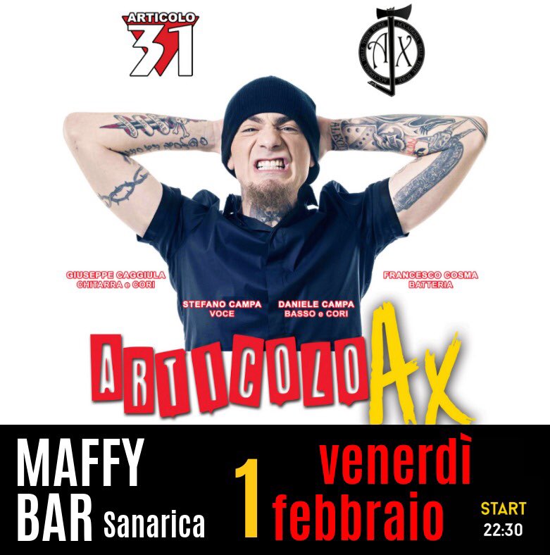 CosmaFrancesco's tweet photo. โ ๏ธ VENERDร 1 FEBBRAIO gli Articolo AX tornano a suon di rap al Maffy Bar di Sanarica!!!๐ถ๐๐ธ
Vi aspettiamo, banda di #funkytarri #immorali!!! ๐ค๐ป
#STAYTUNED ๐ฅ
#donotmiss #savethedate #salentoevents #eventisalento #rapmusic #salentolive #leccenight #salentomusic https://t.co/JcM92a3yzQ