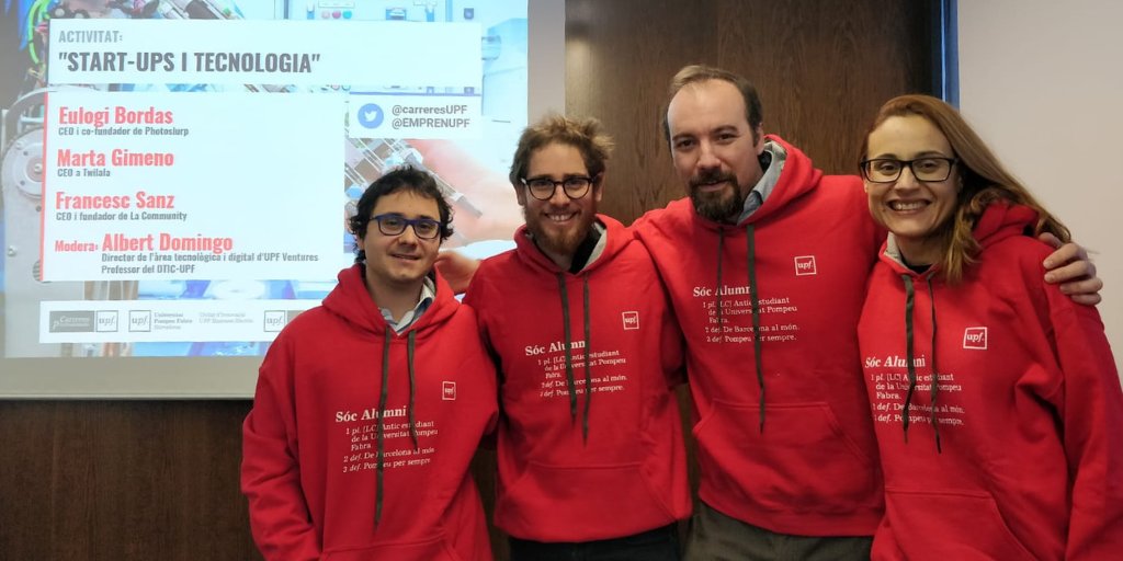 Avui 4 <a href="/alumniUPF/">Alumni UPF</a> han tornat a la <a href="/UPFBarcelona/">UPF Barcelona</a> per parlar de 'Startups i tecnologia'.
Moltes gràcies <a href="/marta_gimeno/">Marta Gimeno</a>, <a href="/ebordasc/">Eulogi Bordas</a> i <a href="/francescsanz/">Francesc Puigdemont Sanz</a> per compartir les vostres experiències! I a l'alumni <a href="/albert_domingo/">albert_domingo</a> per conduir la taula rodona. 
Èxits amb els vostres projectes 🤗