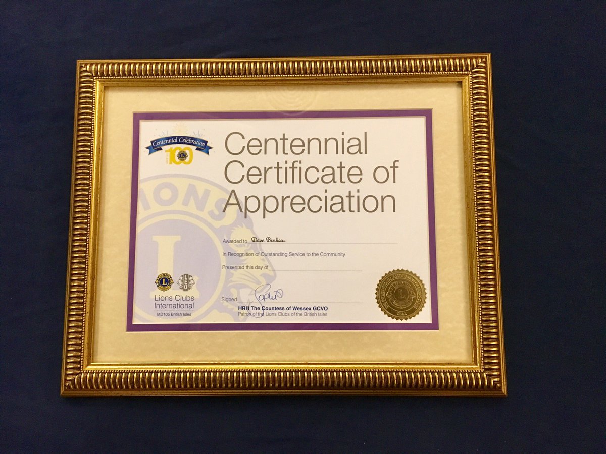 Humbled to receive an ‘Outstanding Service to Community’ award from Lions International Liverpool President, Mike Armstrong -signed by <a href="/lionsclubs/">Lions International</a> British Patron <a href="/HRHSophie/">Sophie Edwards</a> Countess of Wessex. Proud to work with Lions whose principles I so admire – our common unity – compassion
