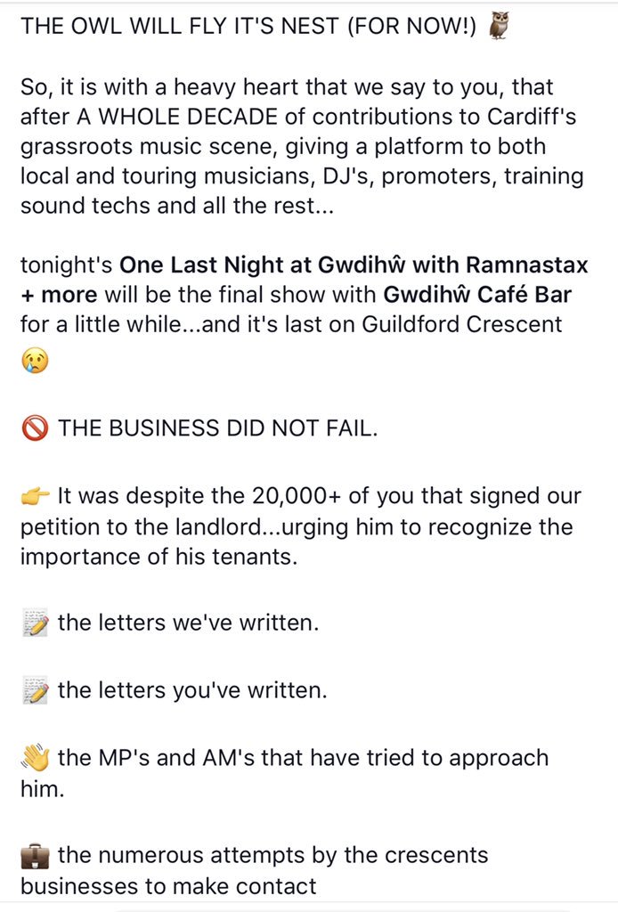 SaveGwdihw's tweet photo. IT IS NOT GWD-BYE! 😪
JUST GWD-NIGHT! 😘
FROM @GwdihwCafeBar 🦉

Please a take a moment to read our campaign’s statement! ❤️

Cc: @cardiffcouncil @musicvenuetrust @huwthomas_Wales @PEBradbury @JoStevensLabour @JennyRathbone @ElisThomasD @BBCWalesNews @ITVWales @WalesOnline https://t.co/J8rMHqlYQt