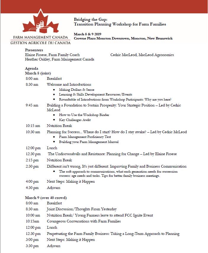 Is your farm in a state of transition and are looking to start the succession conversation? Than check out Farm Management Canada's workshop on Farm Transition! Being held in Moncton, New Brunswick on March 8th - 9th.