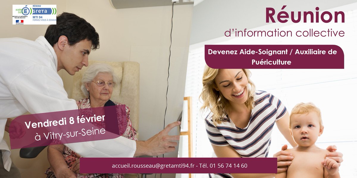 📢Le #Greta MTI94 propose une réunion d'information collective sur les #formations aux métiers d'Aide-soignant et Auxiliaire de puériculture le 8 février à #Vitry-sur-Seine
👉 Plus d'infos :
✉ accueil.rousseau@gretamti94.fr
📞 01 56 74 14 60
#FormPro #SaveTheDate