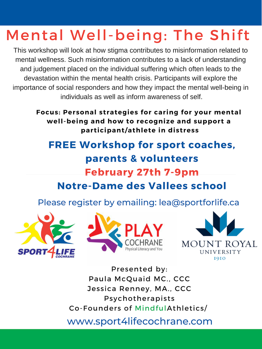 sport4life12's tweet image. Mental Well-being: The Shift.  This free workshop focuses on personal  strategies for caring for your mental well-being. Please register by  emailing: lea@sportforlife.ca #PresentedbyMindfulAthletics #MentalHealth #AwarenessofSelf