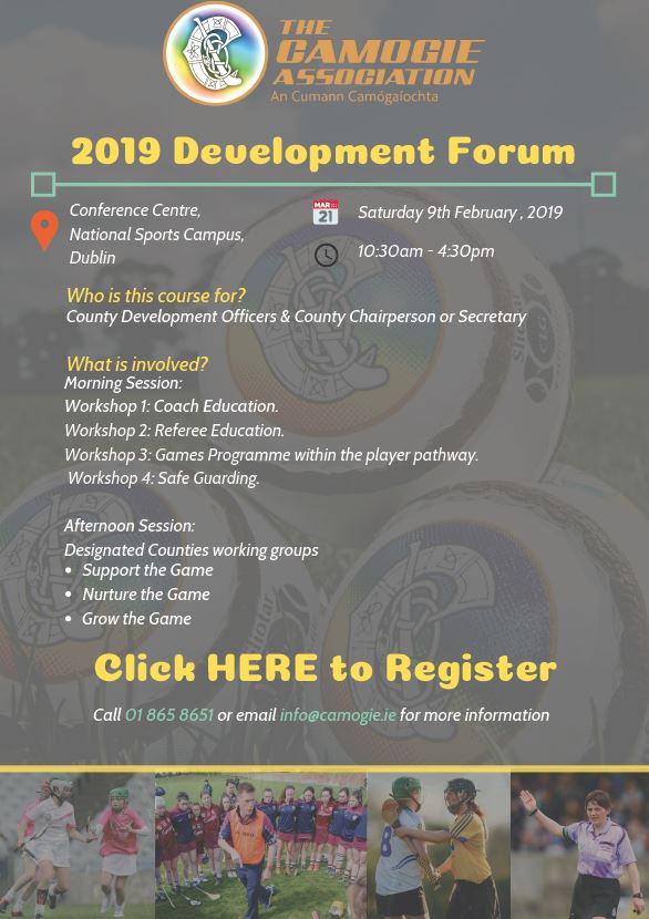 OfficialCamogie's tweet image. 🗓️ Not long to go! Make sure to sign-up for the 2019 @OfficialCamogie Development Forum. For full info and to register go to ➡️➡️ camogie.ie/news.asp?id=60…