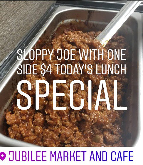 jubileemktcafe's tweet photo. Join us for lunch today at @jubileemktcafe!  Lunch special: sloppy joe with one side, just $4!
#TheMarketWithAPurpose
#Franklinton
#asseenincolumbus 
#cbuslunch https://t.co/L4wCgfjCP7