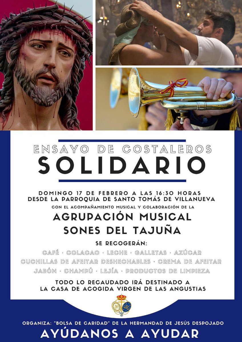 🔵⚪ Ensayo de Costaleros Solidario de <a href="/DespojadoyPaz/">Hermandad de Jesús Despojado - Alcalá de Henares</a>. 📅 Domingo 17 de febrero. 🎺🎶 Acompañamiento musical: <a href="/Sonesdeltajuna/">A.M Sones del Tajuña</a>