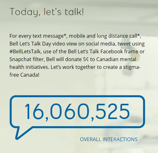 Today, and every day, ask someone how they’re doing. Then ask them how they’re REALLY doing. And genuinely listen.

Mental health struggles affect us all. You are not alone. It’s okay to talk about it.

Let’s start the conversation and talk about it. #BellLetsTalk