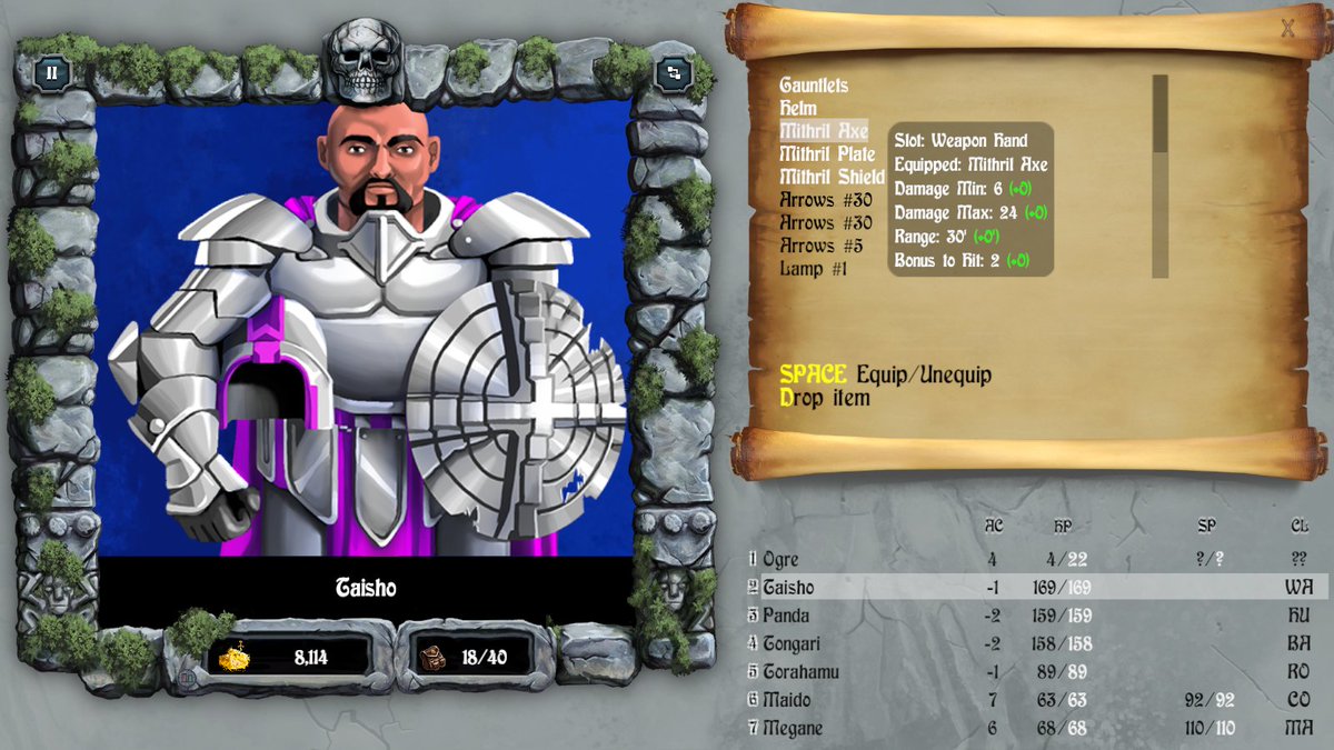 hantarooo's tweet photo. #BardsTale2
最初のダンジョン(Dark Domain)B2で早くもマスターレベル(Lv13)に到達。戦士系はLv11。
マジックユーザーは転職する。いつの間にか拾った Mithril Axe が使用回数制限なしの遠近両用武器で便利。
#BardsTale #BardsTaleTrilogy https://t.co/O5g3UnOuqW