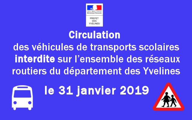 ⚠️ ❄️ Vigilance jaune risque de #verglas 
Regel des sols mouillés la nuit prochaine &amp; demain matin 
🚌 Le Préfet des #Yvelines prolonge l’interdiction de circulation des véhicules de transports scolaires sur l’ensemble des réseaux routiers du département le 31 Janvier 2019