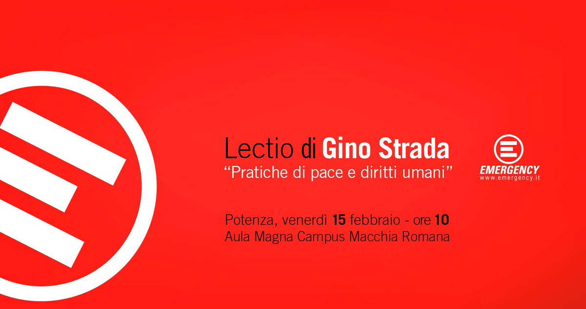 SilvioAltamura's tweet photo. Venerdì 15 Febbraio la Città di Potenza ospiterà Gino Strada per una Lectio Magistralis sulle pratiche di Pace e i Diritti Umani.
Per citarlo: "Se la guerra non viene buttata fuori dalla storia dagli uomini, sarà la guerra a buttare fuori gli uomini dalla storia".
#Emergency https://t.co/WPfXOmtQ7G