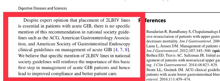 BilalMohammadMD's tweet photo. 2-Large Bore IVs is the basic first step in managing GI bleeds. Even though this is well known, very few studies have ever looked at it. We also highlight that @AmerGastroAssn ,@ASGEendoscopy &amp; @AmCollegeGastro guidelines on GI bleed should consider specifically mentioning it. https://t.co/XaUIfF12SD