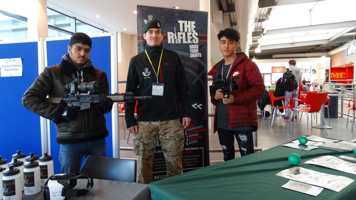 telfordcollege's tweet photo. A huge thank you to The Rifles were in college today talking to students about the range of over 150 career options available, including part time roles in The Reserves. Pictured: Kinga Gorzella, Sian Lowe, Emily Hughes. Also Javad Ali and Amaad Hussain https://t.co/jgKWm7xePd https://t.co/8wM80ClQpk