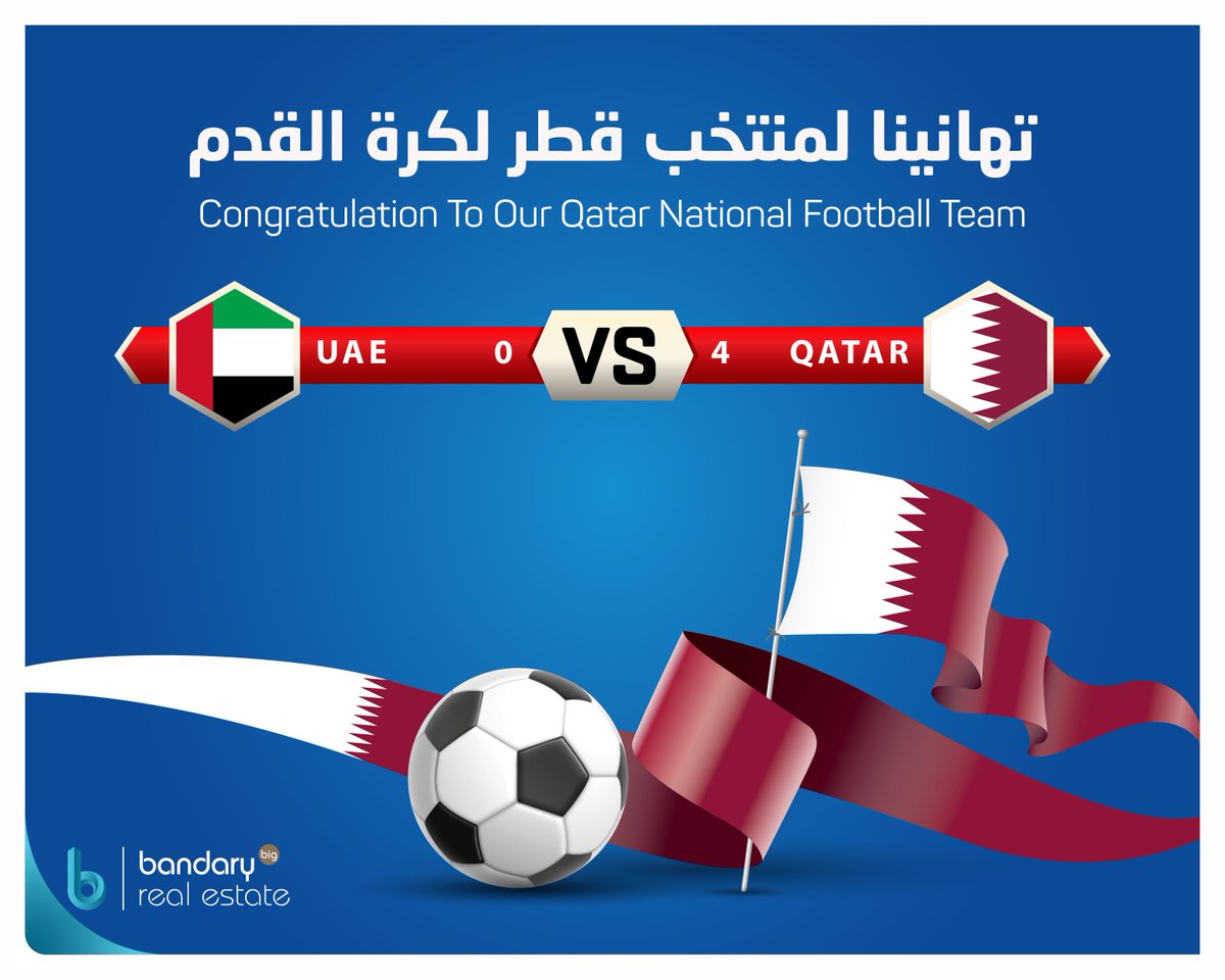breqatar's tweet photo. Congratulations to Qatar's National Team for this Amazing Victory over #UAE by 4-0 in #AsianCup Semi-finals:

تهانينا لمنتخب قطر للفوز التاريخي وتأهله لبطولة كاس آسيا
#Albandary_realestate #Qatar #Doha https://t.co/RRIC9CojNq