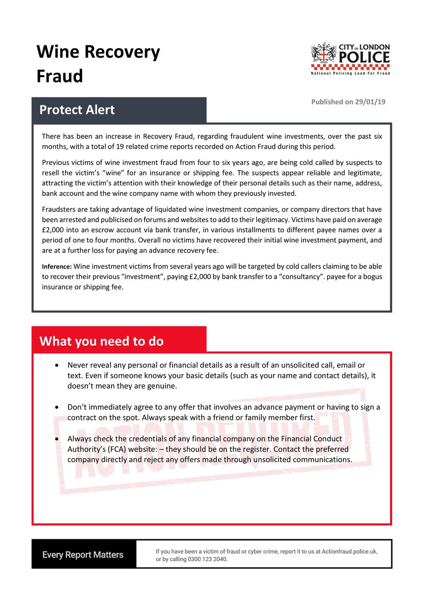 CyberAlerts's tweet photo. ❗️❗️ FRAUD ALERT ❗️❗️

Wine investment victims are being targeted by scammers claiming to be able to recover their previous “investment”, paying by £2,000 by bank transfer.

#CyberProtect #CyberSecurity  #CyberAttack  #Fraud #Fraudalert #ActionFraud  #Cybercrime #Scam #Wine https://t.co/zAg3yMX6sV