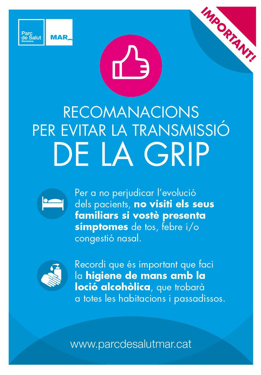 hospitaldelmar's tweet photo. Recomanacions per evitar la transmissió de la #grip. Recordi que és important que faci la #higienedemans amb la loció alcohòlica, que trobarà a totes les habitacions i passadissos https://t.co/7ZbjFvyB8M