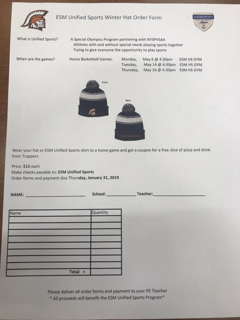 ESMSpartans's tweet photo. $15 for a winter hat in support of ESM UNIFIED Sports. 
Order forms available at your school OR email Coach Vollmer for more information. 
Supplies limited! Get yours today!! https://t.co/F1luUM5kAY